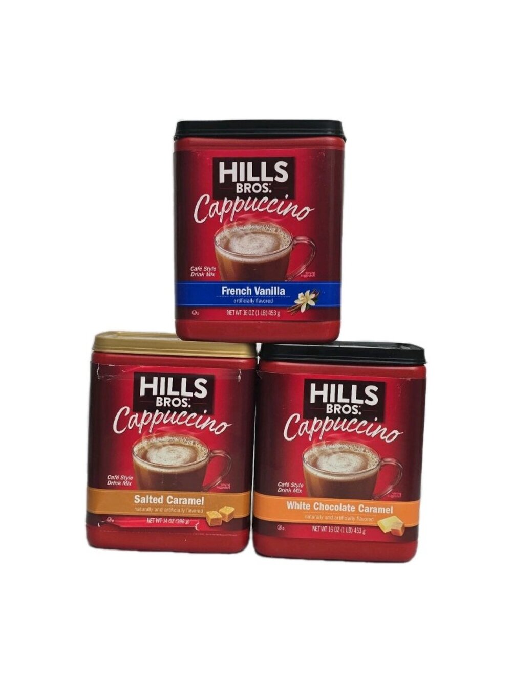 Hills Bros Instant Cappuccino Mix LOT OF 3 VARIETY PACK 16/14 Oz Vanilla Caramel